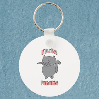 Flute Playing Gray Cat Funny Musician Keychain