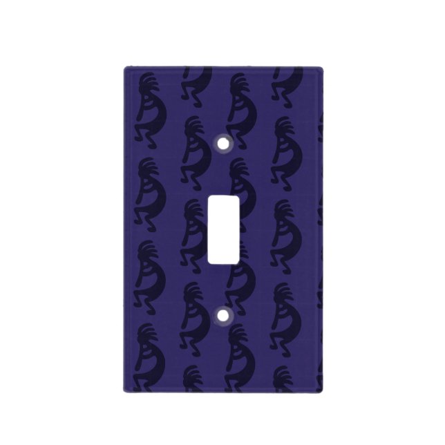 Flute Playing Kokopelli Figure - Black on Blue Light Switch Cover (Front)