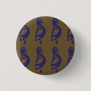 Flute Playing Kokopelli Figure - Blue on Green Button