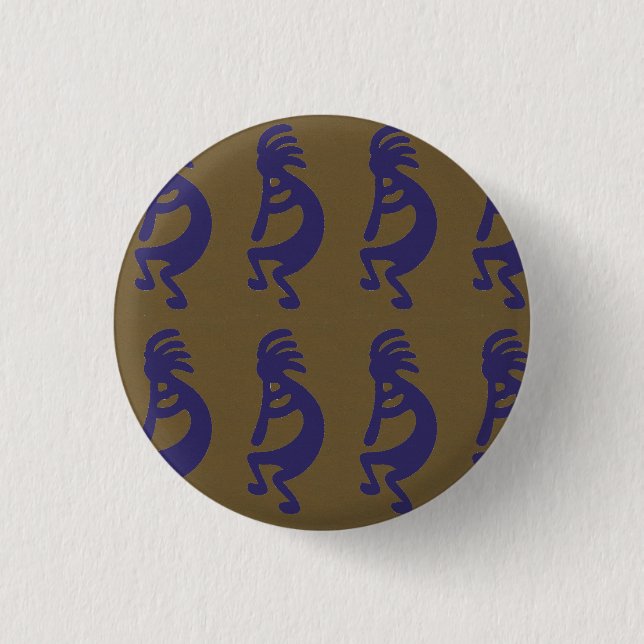 Flute Playing Kokopelli Figure - Blue on Green Button (Front)