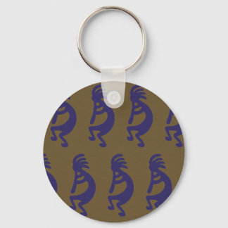 Flute Playing Kokopelli Figure - Blue on Green Keychain