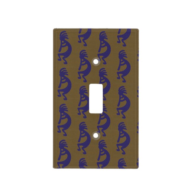Flute Playing Kokopelli Figure - Blue on Green Light Switch Cover (Front)