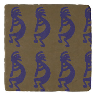 Flute Playing Kokopelli Figure - Blue on Green Trivet