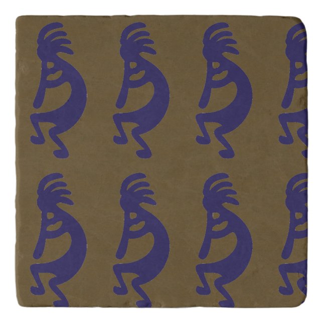 Flute Playing Kokopelli Figure - Blue on Green Trivet (Front)