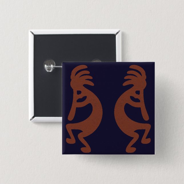 Flute Playing Kokopelli Figure - Blue on Rust Red  Button (Front & Back)