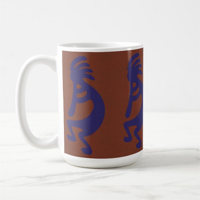 Flute Playing Kokopelli Figure - Blue on Rust Red  Coffee Mug (Left)