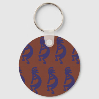 Flute Playing Kokopelli Figure - Blue on Rust Red Keychain