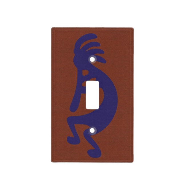 Flute Playing Kokopelli Figure - Blue on Rust Red  Light Switch Cover (Front)