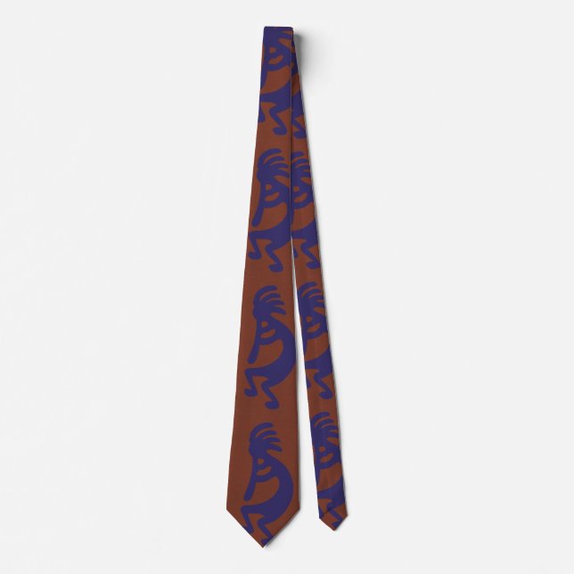 Flute Playing Kokopelli Figure - Blue on Rust Red  Neck Tie (Front)