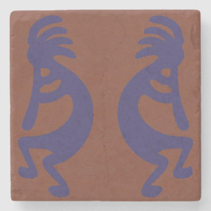 Flute Playing Kokopelli Figure - Blue on Rust Red  Stone Coaster