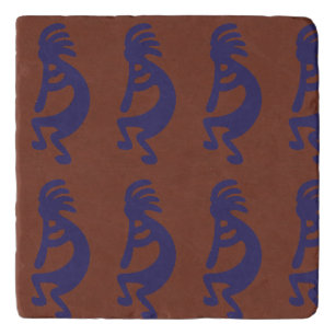 Flute Playing Kokopelli Figure - Blue on Rust Red Trivet
