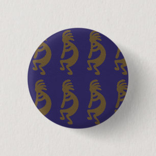 Flute Playing Kokopelli Figure - Green on Blue Button