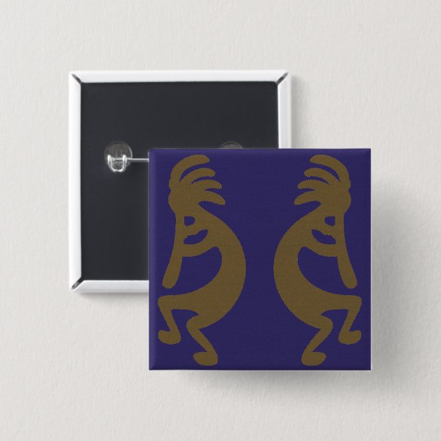 Flute Playing Kokopelli Figure - Green on Blue Button (Front & Back)