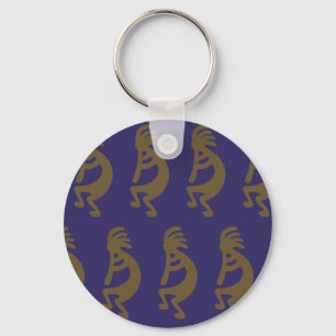 Flute Playing Kokopelli Figure - Green on Blue Keychain
