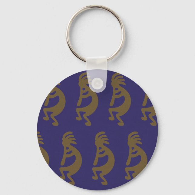Flute Playing Kokopelli Figure - Green on Blue Keychain (Front)