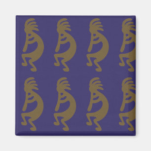 Flute Playing Kokopelli Figure - Green on Blue Magnet