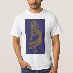 Flute Playing Kokopelli Figure - Green on Blue T-Shirt