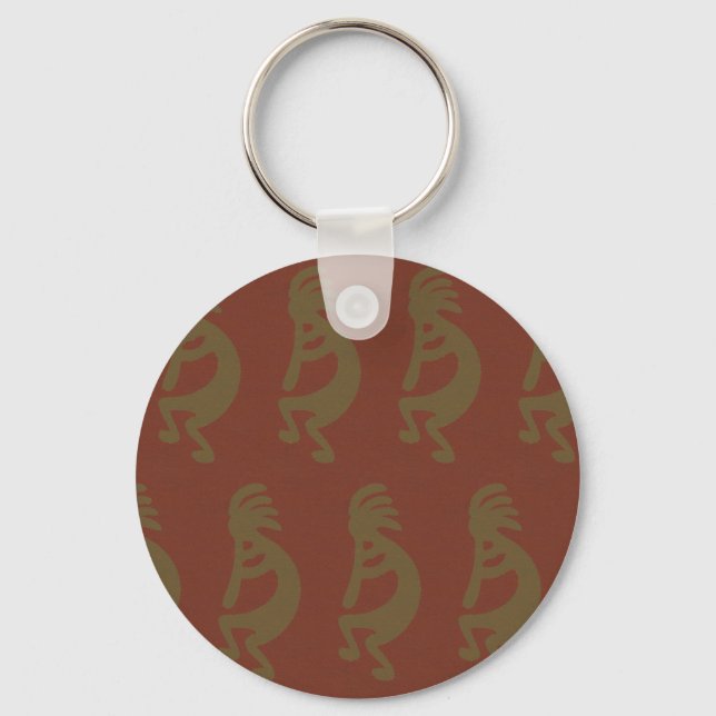 Flute Playing Kokopelli Figure, Green on Rust Red Keychain (Front)