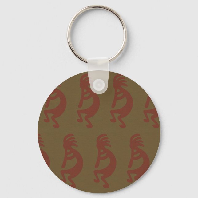 Flute Playing Kokopelli Figure - Red on Green Keychain (Front)