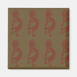Flute Playing Kokopelli Figure - Red on Green Magnet