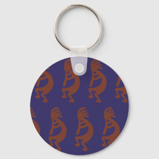 Flute Playing Kokopelli Figure - Rust Red on Blue Keychain