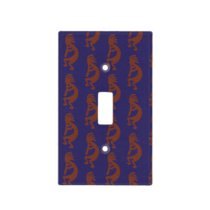 Flute Playing Kokopelli Figure - Rust Red on Blue Light Switch Cover
