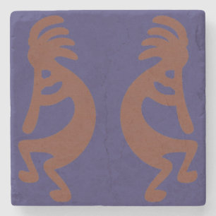 Flute Playing Kokopelli Figure - Rust Red on Blue Stone Coaster