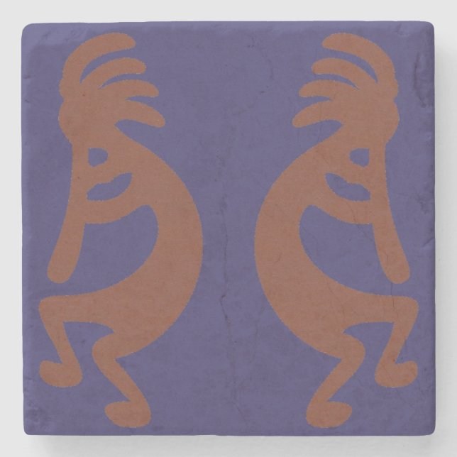 Flute Playing Kokopelli Figure - Rust Red on Blue Stone Coaster (Front)