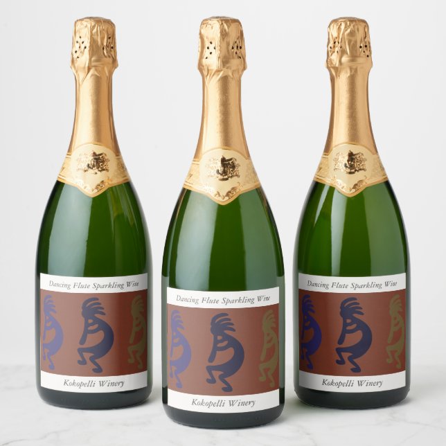 Flute Playing Kokopelli Figures on Rust Red Champa Sparkling Wine Label (Bottles)