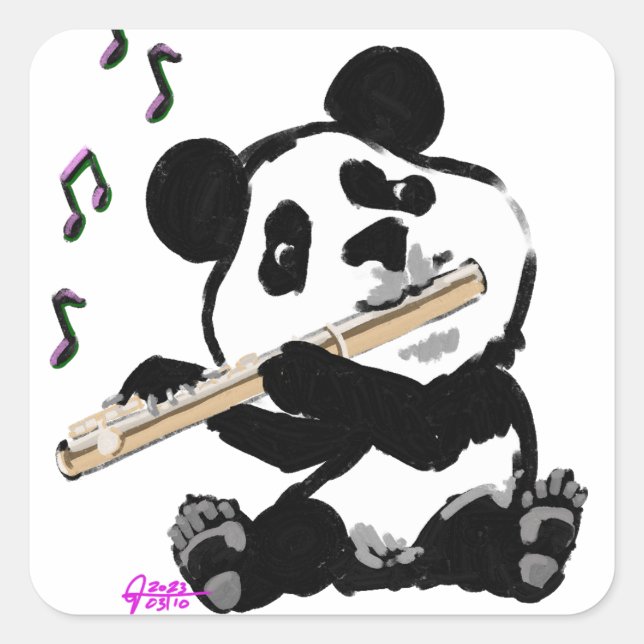 Flute Playing Panda Square Sticker (Front)