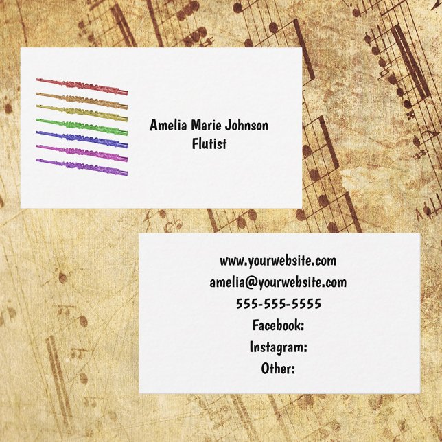 Flute Rainbow Personalize Business Card (A business card with a colorful flute design and text you can personalize!)