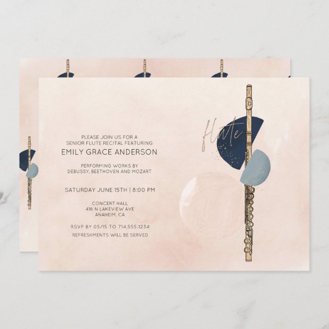 Flute Recital Abstract Blush Pink & Navy Blue Gold Invitation (Front/Back)