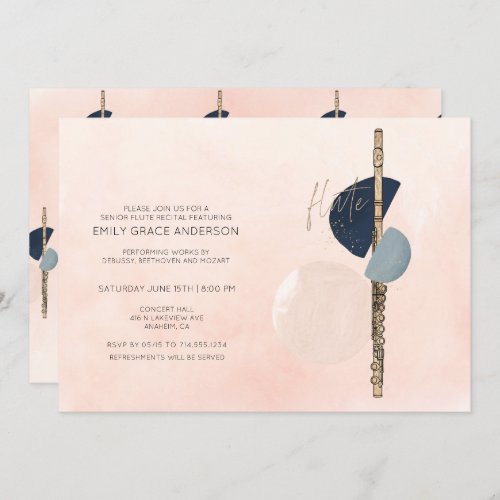 Flute Recital Abstract Blush Pink  Navy Blue Gold Invitation