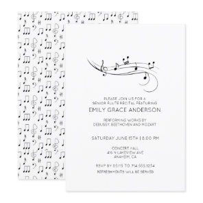 Flute Recital Musical Notes Black & White Invitation