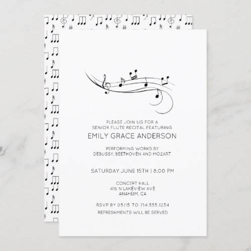 Flute Recital Musical Notes Black  White Invitation