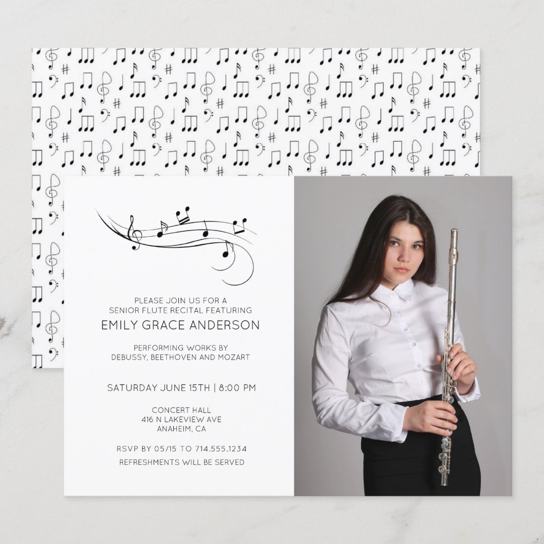 Flute Recital Musical Notes Black & White Photo Invitation Zazzle
