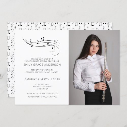 Flute Recital Musical Notes Black  White Photo Invitation