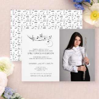 Flute Recital Musical Notes Black & White Photo Invitation