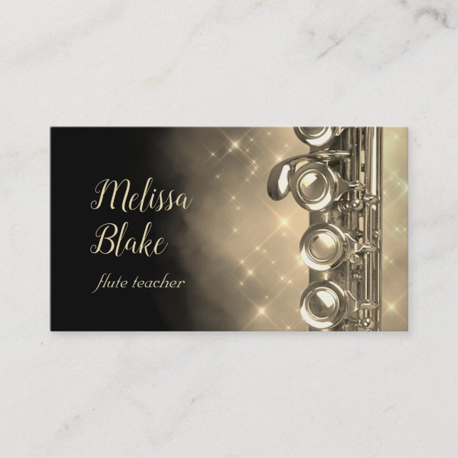 flute teacher golden watercolor background business card (Front)
