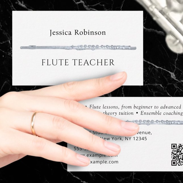 Flute Teacher Musical Instrument Tutor Instructor Business Card (A business card for a flute teacher, with scannable QR code and stylish black and white design)