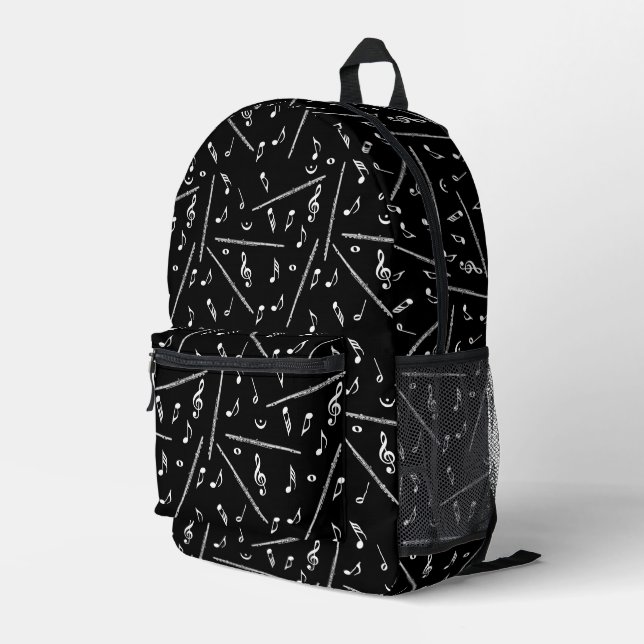 Flute White Music Notes Printed Backpack (Back Corner Right)