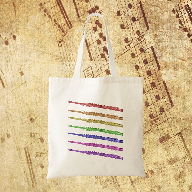 Flutes Colorful Rainbow Tote Bag (A tote bag with a colorful design of flutes in red, orange, yellow, green, blue, purple and pink!)