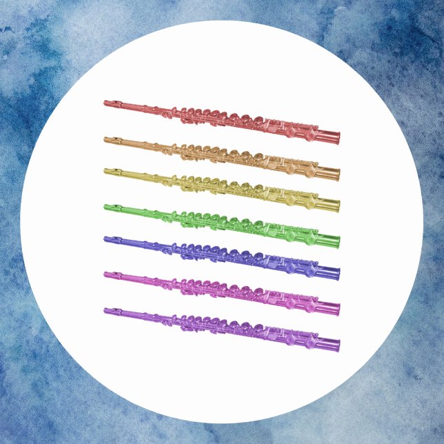 Flutes Music Instrument Rainbow Classic Round Sticker (A sticker with red, orange, yellow, green, blue, purple and pink flutes)