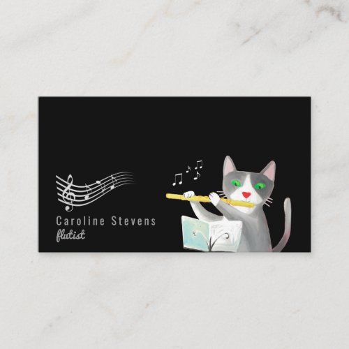 flutist cat portrait on black background business card