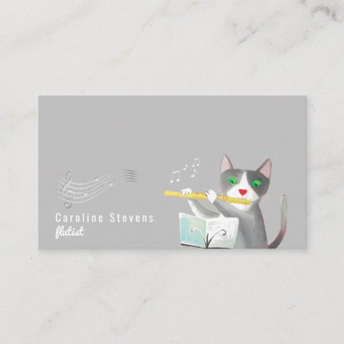 flutist cat portrait on grey background business card