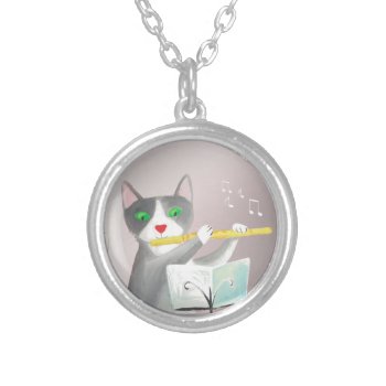 Flutist Cat  Silver Plated Necklace by Lucia_Salemi at Zazzle