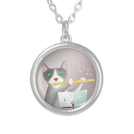 Flutist Cat  Silver Plated Necklace