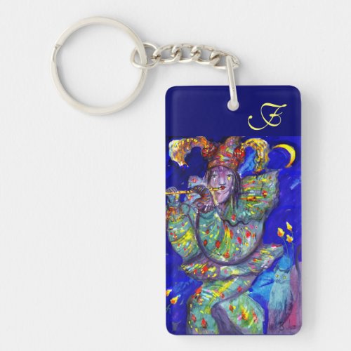 FLUTIST IN BLUE MONOGRAM  Venetian Carnival Night Keychain