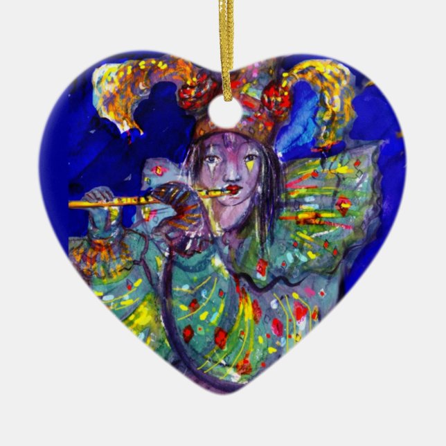 FLUTIST IN BLUE / Venetian Carnival Night Ceramic Ornament (Front)