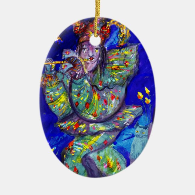 FLUTIST IN BLUE / Venetian Carnival Night Ceramic Ornament (Front)